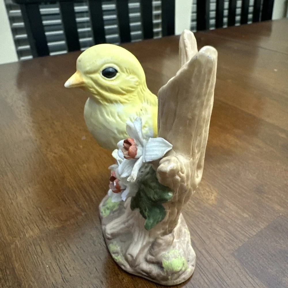 Yellow Bird Canary Finch On Branch W/ Flower Bisque Porcelain Figurine‎ 1980s